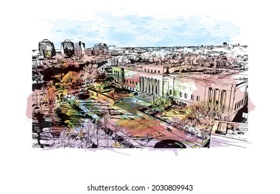 Building view with landmark of Kansas is the  city
 in Missouri. Watercolor splash with hand drawn sketch illustration in vector.