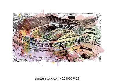 Building view with landmark of Kansas is the  city
 in Missouri. Watercolor splash with hand drawn sketch illustration in vector.
