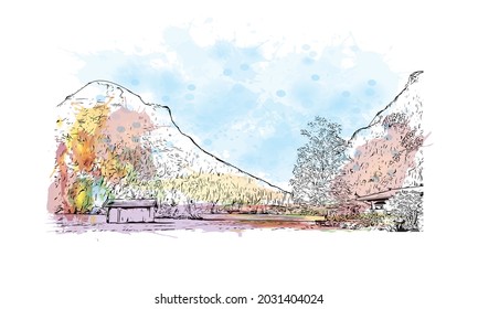 Building view with landmark of Kaprun is the 
municipality in Austria. Watercolor splash with hand drawn sketch illustration in vector.