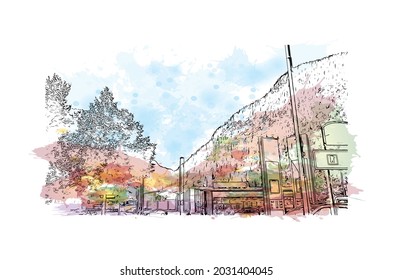 Der Blick auf das Gebäude mit Wahrzeichen von Kaprun ist der 
Gemeinde in Österreich. Aquarellspritzer mit handgezeichneter Skizzengrafik in Vektorgrafik.