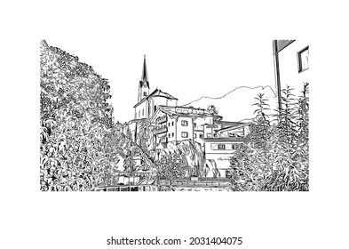 Building view with landmark of Kaprun is the 
municipality in Austria. Hand drawn sketch illustration in vector.