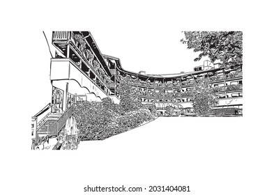 Der Blick auf das Gebäude mit Wahrzeichen von Kaprun ist der 
Gemeinde in Österreich. Handgezeichnete Skizzengrafik in Vektorgrafik.