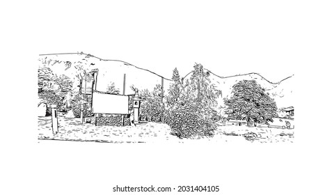 Building view with landmark of Kaprun is the 
municipality in Austria. Hand drawn sketch illustration in vector.