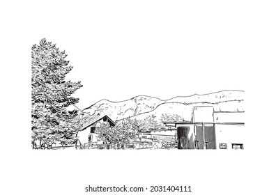 Building view with landmark of Kaprun is the 
municipality in Austria. Hand drawn sketch illustration in vector.