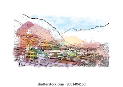La vista de construcción con el punto de referencia de Kaprun es el 
municipio de Austria. Salto de color de agua con ilustración de esbozo dibujada a mano en vector.