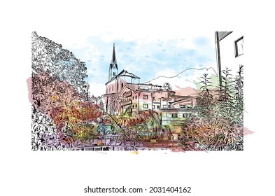Building view with landmark of Kaprun is the 
municipality in Austria. Watercolor splash with hand drawn sketch illustration in vector.