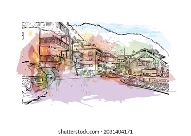 Building view with landmark of Kaprun is the 
municipality in Austria. Watercolor splash with hand drawn sketch illustration in vector.