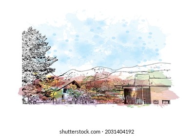 Building view with landmark of Kaprun is the 
municipality in Austria. Watercolor splash with hand drawn sketch illustration in vector.