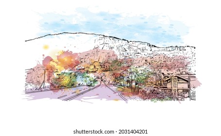 Building view with landmark of Kaprun is the 
municipality in Austria. Watercolor splash with hand drawn sketch illustration in vector.