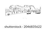 Building view with landmark of Karachi is the largest city in Pakistan. Hand drawn sketch illustration in vector.