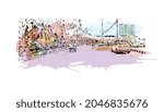 Building view with landmark of Karachi is the largest city in Pakistan. Watercolor splash with hand drawn sketch illustration in vector.