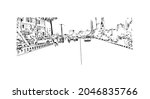Building view with landmark of Karachi is the largest city in Pakistan. Hand drawn sketch illustration in vector.