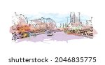 Building view with landmark of Karachi is the largest city in Pakistan. Watercolor splash with hand drawn sketch illustration in vector.