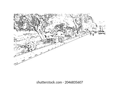 Building view with landmark of Karachi is the largest city in Pakistan. Hand drawn sketch illustration in vector.