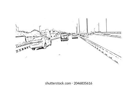 Building view with landmark of Karachi is the largest city in Pakistan. Hand drawn sketch illustration in vector.