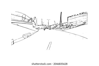 Building view with landmark of Karachi is the largest city in Pakistan. Hand drawn sketch illustration in vector.