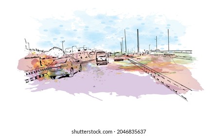 Building view with landmark of Karachi is the largest city in Pakistan. Watercolor splash with hand drawn sketch illustration in vector.