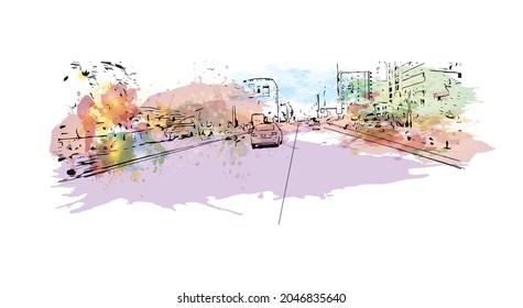 Construir una vista con un punto de referencia de Karachi es la ciudad más grande de Pakistán. Salto de color de agua con ilustración de esbozo dibujada a mano en vector.