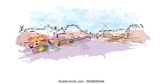 Die größte Stadt Pakistans ist der Bau mit Wahrzeichen Karatschis. Aquarellspritzer mit handgezeichneter Skizzengrafik in Vektorgrafik.