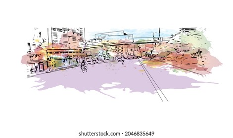 Building view with landmark of Karachi is the largest city in Pakistan. Watercolor splash with hand drawn sketch illustration in vector.