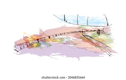 Construir una vista con un punto de referencia de Karachi es la ciudad más grande de Pakistán. Salto de color de agua con ilustración de esbozo dibujada a mano en vector.