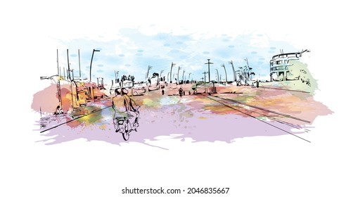Building view with landmark of Karachi is the largest city in Pakistan. Watercolor splash with hand drawn sketch illustration in vector.