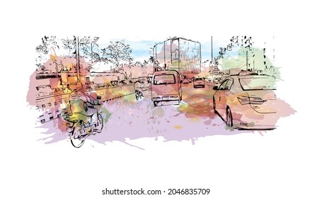 Construir una vista con un punto de referencia de Karachi es la ciudad más grande de Pakistán. Salto de color de agua con ilustración de esbozo dibujada a mano en vector.