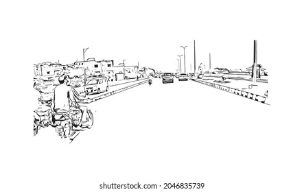 Building view with landmark of Karachi is the largest city in Pakistan. Hand drawn sketch illustration in vector.