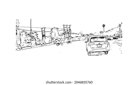 Building view with landmark of Karachi is the largest city in Pakistan. Hand drawn sketch illustration in vector.