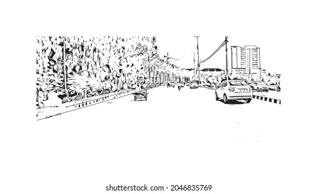 Building view with landmark of Karachi is the largest city in Pakistan. Hand drawn sketch illustration in vector.