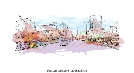 Building view with landmark of Karachi is the largest city in Pakistan. Watercolor splash with hand drawn sketch illustration in vector.