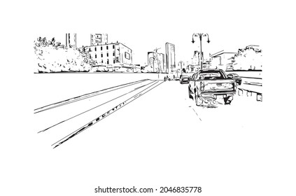 Construir una vista con un punto de referencia de Karachi es la ciudad más grande de Pakistán. Dibujo a mano de ilustración de esbozo en vector.