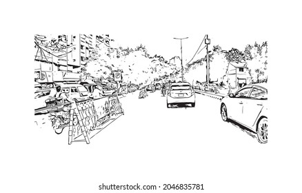 Building view with landmark of Karachi is the largest city in Pakistan. Hand drawn sketch illustration in vector.
