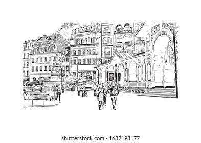 Building view with landmark of Karlovy Vary (Carlsbad) is a spa town in the west Bohemia region of the Czech Republic. Hand drawn sketch illustration in vector.