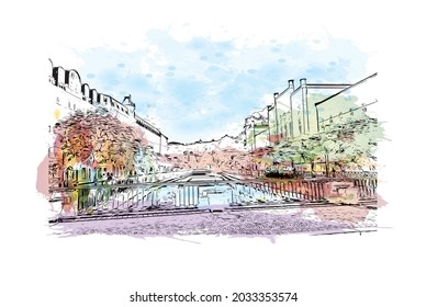 Building view with landmark of Karlovy Vary is the 
city in Czech Republic. Watercolor splash with hand drawn sketch illustration in vector.