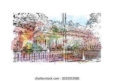 Building view with landmark of Karlovy Vary is the 
city in Czech Republic. Watercolor splash with hand drawn sketch illustration in vector.