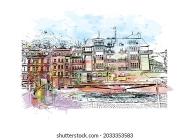 Building view with landmark of Karlovy Vary is the 
city in Czech Republic. Watercolor splash with hand drawn sketch illustration in vector.