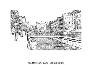 Building view with landmark of Karlovy Vary is the 
city in Czech Republic. Hand drawn sketch illustration in vector.