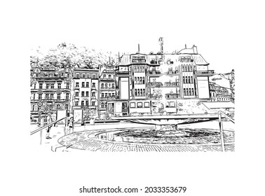 Building view with landmark of Karlovy Vary is the 
city in Czech Republic. Hand drawn sketch illustration in vector.