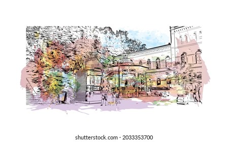 Building view with landmark of Karlovy Vary is the 
city in Czech Republic. Watercolor splash with hand drawn sketch illustration in vector.