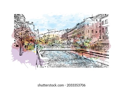 Building view with landmark of Karlovy Vary is the 
city in Czech Republic. Watercolor splash with hand drawn sketch illustration in vector.