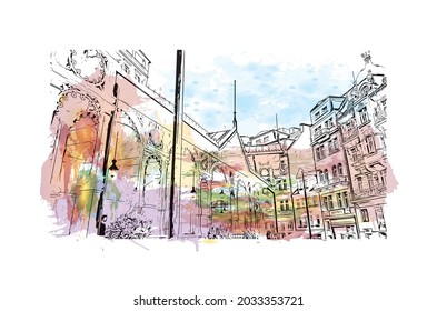 Building view with landmark of Karlovy Vary is the 
city in Czech Republic. Watercolor splash with hand drawn sketch illustration in vector.