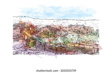 Building view with landmark of Karlovy Vary is the 
city in Czech Republic. Watercolor splash with hand drawn sketch illustration in vector.