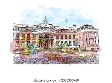 Building view with landmark of Karlovy Vary is the 
city in Czech Republic. Watercolor splash with hand drawn sketch illustration in vector.