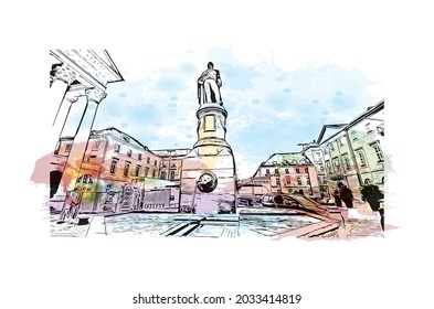 Building view with landmark of Karlsruhe is the 
city in Germany. Watercolor splash with hand drawn sketch illustration in vector.