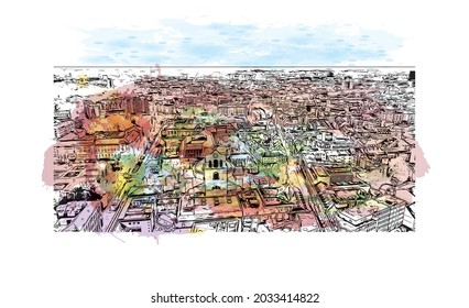 Building view with landmark of Karlsruhe is the 
city in Germany. Watercolor splash with hand drawn sketch illustration in vector.