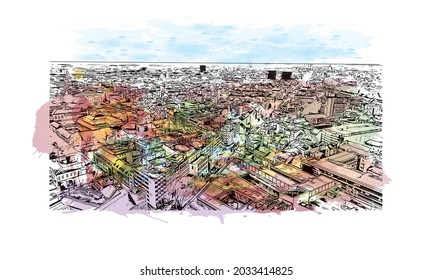Building view with landmark of Karlsruhe is the 
city in Germany. Watercolor splash with hand drawn sketch illustration in vector.