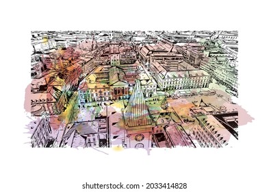 Building view with landmark of Karlsruhe is the 
city in Germany. Watercolor splash with hand drawn sketch illustration in vector.