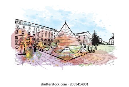 Building view with landmark of Karlsruhe is the 
city in Germany. Watercolor splash with hand drawn sketch illustration in vector.