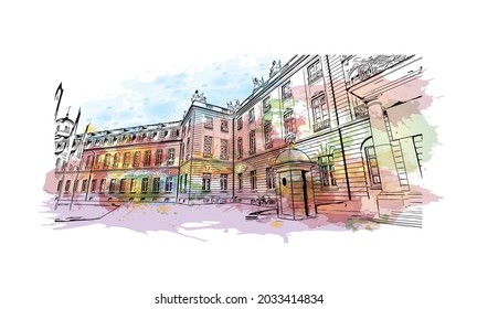 Building view with landmark of Karlsruhe is the 
city in Germany. Watercolor splash with hand drawn sketch illustration in vector.
